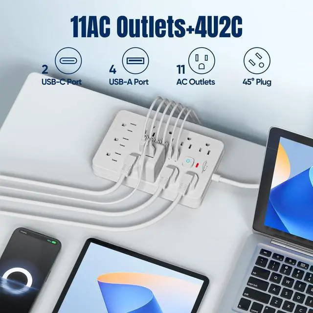 Alt view image 9 of 14 - 10 FT Flat Plug Surge Protector Power Strip,11 Multiple AC Outlets with 6 USB Ports (2 USB C), 6 Feet Extension Cord, 1250W/10A, One Touch Switch Button, White