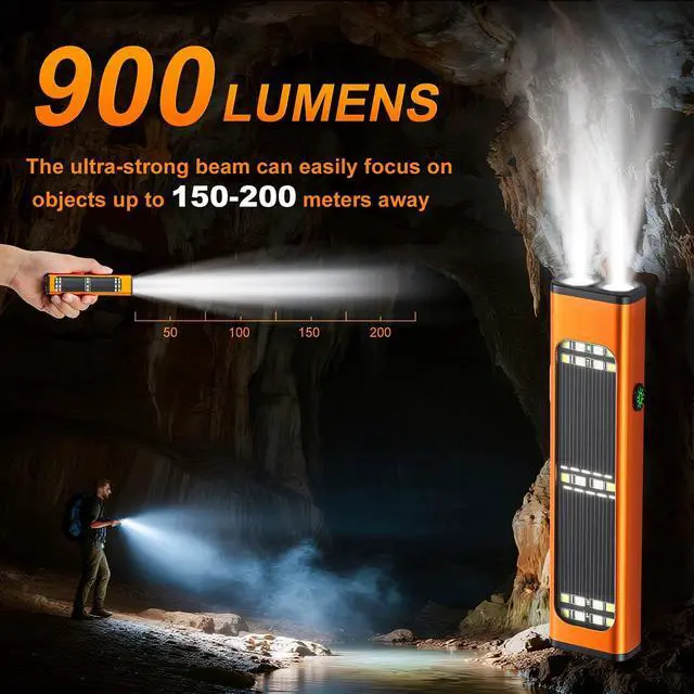 Alt view image 9 of 14 - Solar/Rechargeable Flat Flashlights, 900 Lumens EDC Tactical Flashlight, Multi Function LED Small Flashlight, 7 Modes IP65 Waterproof for Home, Camping,and Emergency Use (Orange)