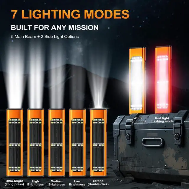 Alt view image 10 of 14 - Solar/Rechargeable Flat Flashlights, 900 Lumens EDC Tactical Flashlight, Multi Function LED Small Flashlight, 7 Modes IP65 Waterproof for Home, Camping,and Emergency Use (Orange)