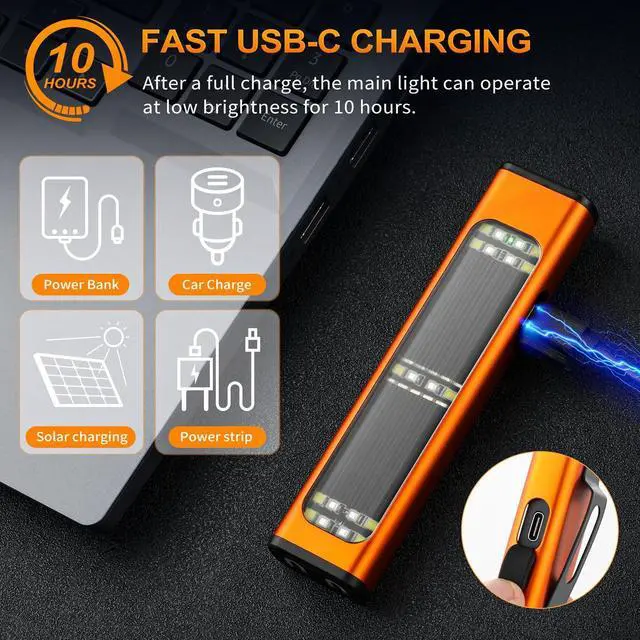 Alt view image 11 of 14 - Solar/Rechargeable Flat Flashlights, 900 Lumens EDC Tactical Flashlight, Multi Function LED Small Flashlight, 7 Modes IP65 Waterproof for Home, Camping,and Emergency Use (Orange)