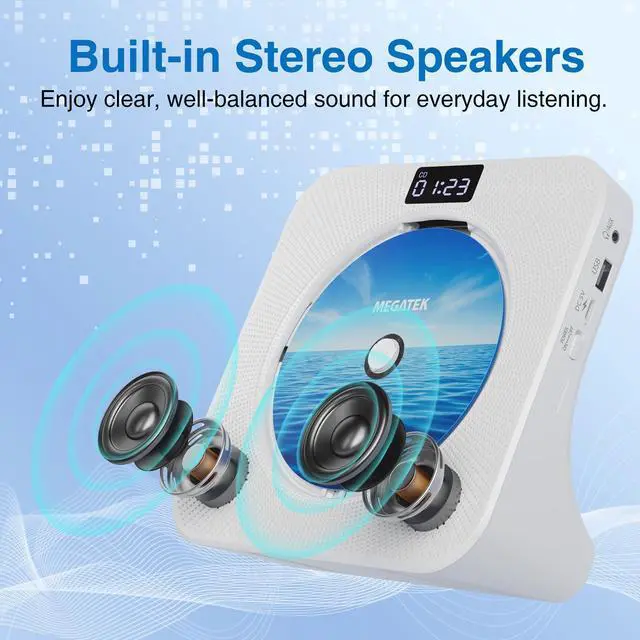 Alt view image 10 of 14 - Portable CD Player Bluetooth for Home, Desktop CD Player with Stereo Speakers, FM Radio, USB, LED Display, AUX/Headphone Jack, Remote White
