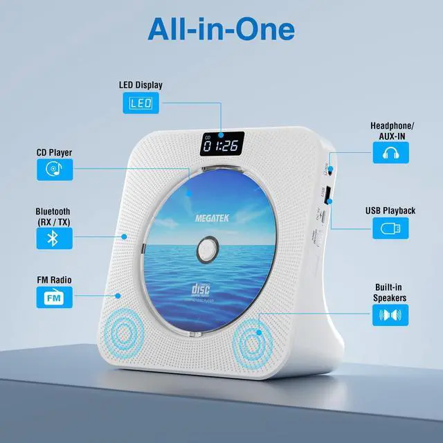 Alt view image 9 of 14 - Portable CD Player Bluetooth for Home, Desktop CD Player with Stereo Speakers, FM Radio, USB, LED Display, AUX/Headphone Jack, Remote White
