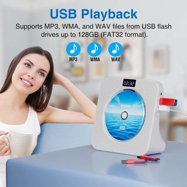 Alt view image 14 of 14 - Portable CD Player Bluetooth for Home, Desktop CD Player with Stereo Speakers, FM Radio, USB, LED Display, AUX/Headphone Jack, Remote White