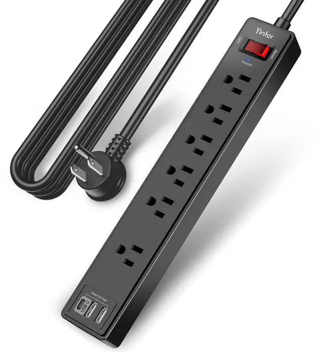 Alt view image 8 of 14 - 10 Ft Power Strip Surge Protector - Extension Cord with 6 AC Outlets and 3 USB Ports for Home, Office, Dorm Essentials, 1680 Joules, ETL Listed, Black