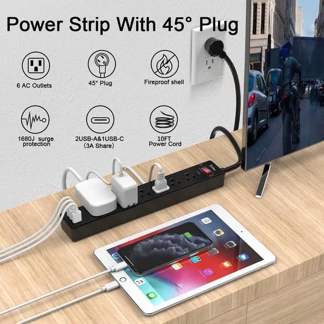 Alt view image 9 of 14 - 10 Ft Power Strip Surge Protector - Extension Cord with 6 AC Outlets and 3 USB Ports for Home, Office, Dorm Essentials, 1680 Joules, ETL Listed, Black