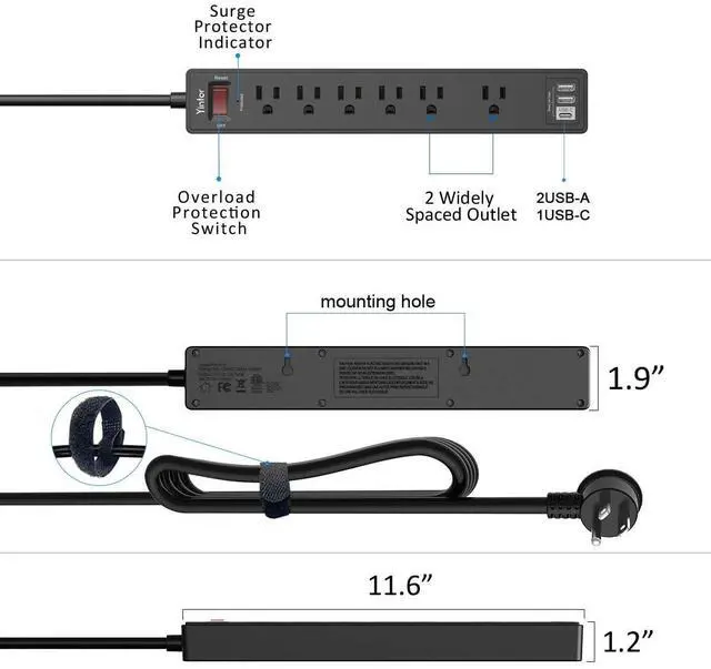 Alt view image 14 of 14 - 10 Ft Power Strip Surge Protector - Extension Cord with 6 AC Outlets and 3 USB Ports for Home, Office, Dorm Essentials, 1680 Joules, ETL Listed, Black