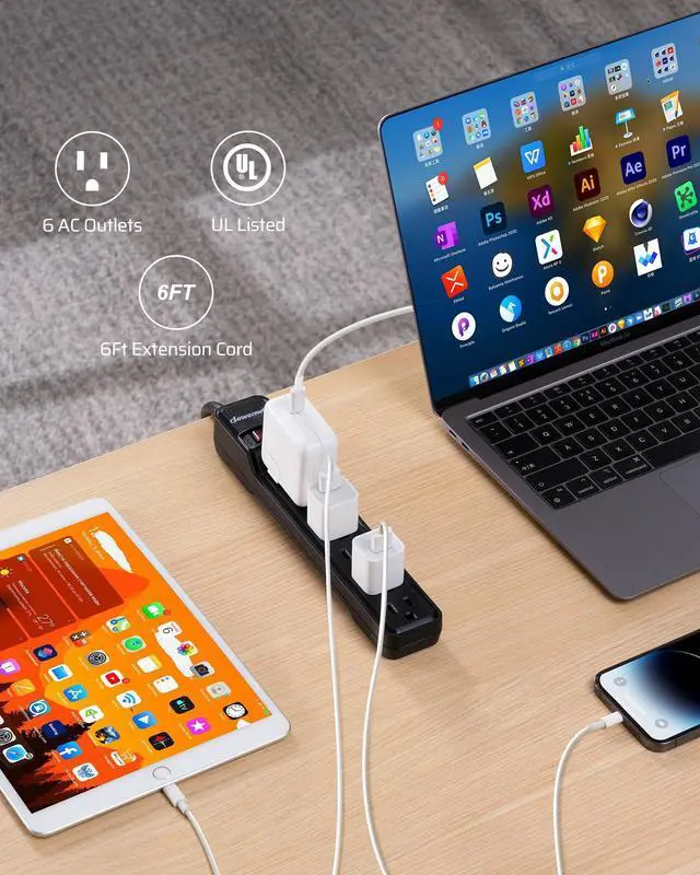Alt view image 9 of 14 - 2-Pack 6-Outlet Power Strip Surge Protector, 6Ft Long Extension Cord, UL Listed, Low Profile Flat Plug, 15 Amp Circuit Breaker, 500 Joules, Wall Mount, Black