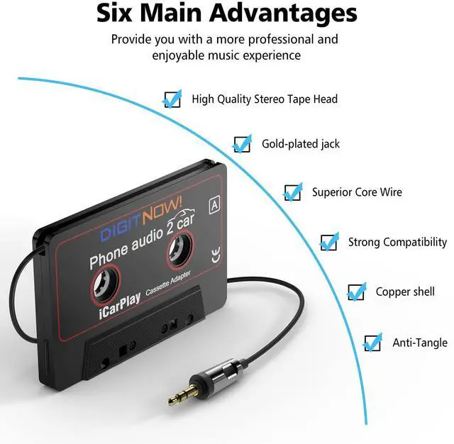 Alt view image 9 of 13 - Car Audio Cassette to Aux Adapter, 3.5MM Aux Audio Cable Tape Player for Smartphone/MP3 Player/CD Player, 3.7Ft Cable(Black)
