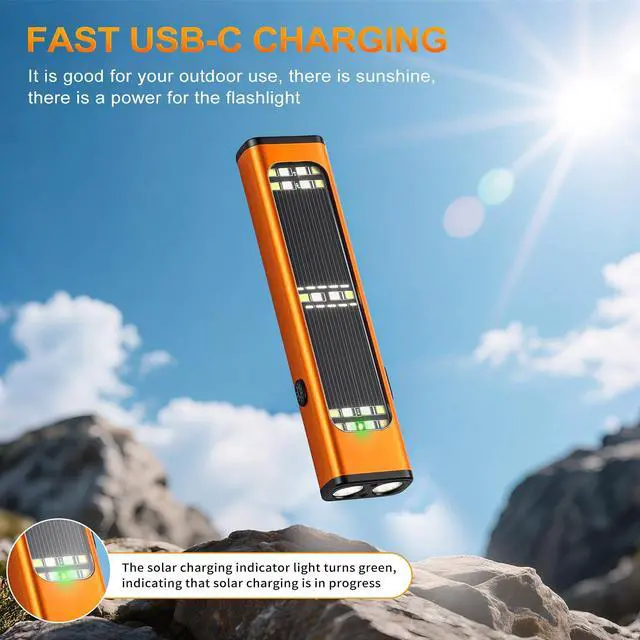 Alt view image 12 of 14 - Solar/Rechargeable Flat Flashlights, 900 Lumens EDC Tactical Flashlight, Multi Function LED Small Flashlight, 7 Modes IP65 Waterproof for Home, Camping,and Emergency Use (Orange)