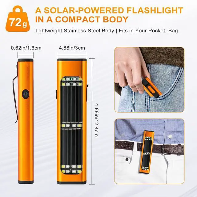 Alt view image 13 of 14 - Solar/Rechargeable Flat Flashlights, 900 Lumens EDC Tactical Flashlight, Multi Function LED Small Flashlight, 7 Modes IP65 Waterproof for Home, Camping,and Emergency Use (Orange)