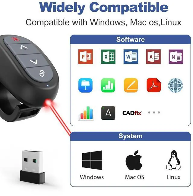 Alt view image 14 of 14 - Presentation Clicker PowerPoint Wireless Presenter Remote: Laser Pointer Computer Clickers, Hyperlink Finger Ring Project Power Point PPT Clicker for Mac Laptop Office, Slideshow Google Slide Advancer