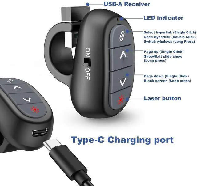 Alt view image 13 of 14 - Presentation Clicker PowerPoint Wireless Presenter Remote: Laser Pointer Computer Clickers, Hyperlink Finger Ring Project Power Point PPT Clicker for Mac Laptop Office, Slideshow Google Slide Advancer