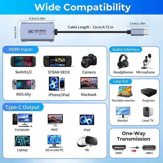 Alt view image 10 of 14 - 4K@60FPS Capture Card for Streaming, 2K@144FPS USB 3.0 HDMI to USBC Camera Video Capture, 4K60 Passthrough, 3.5mm Audio in & Mic Out, Works with Switch 2/1, PS5/4, Xbox, Pad, Mac, PC