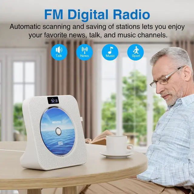 Alt view image 13 of 14 - Portable CD Player Bluetooth for Home, Desktop CD Player with Stereo Speakers, FM Radio, USB, LED Display, AUX/Headphone Jack, Remote White