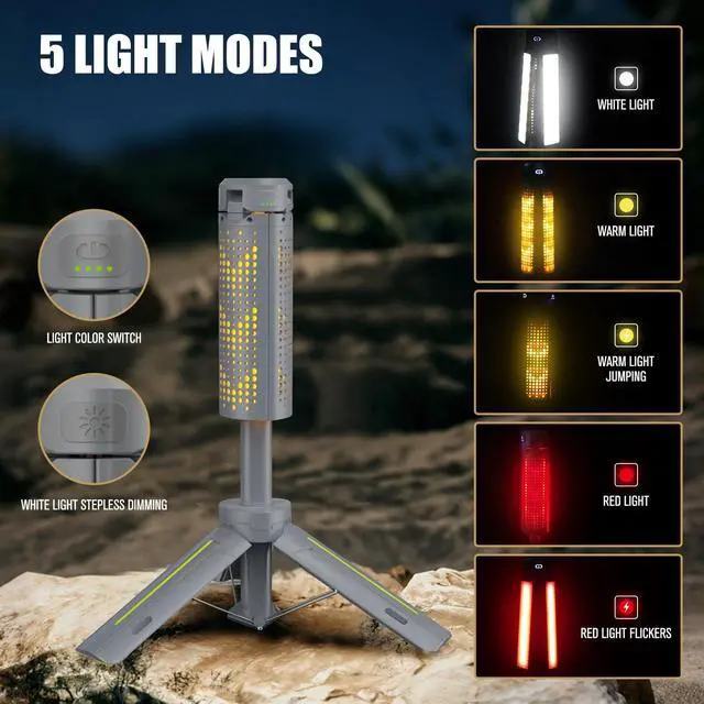 Alt view image 13 of 14 - 40" Telescopic Camping Lights with Stand, 8000mAh Rechargeable LED Work Light & Camp Lantern, 1000LM Portable Tripod Lamp, 20H Runtime for Power Outages, Survival Gear and Camping Essentials