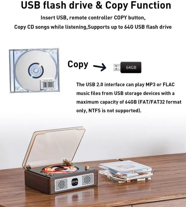 Alt view image 11 of 14 - Retro Cd Player Can Rip to USB,Nostalgic Bluetooth CD Player for Home,Built-in Speakers with LCD Screen,Supports Coaxial/3.5mm/FM Radio with Remote Control-Wired Walnut Brown