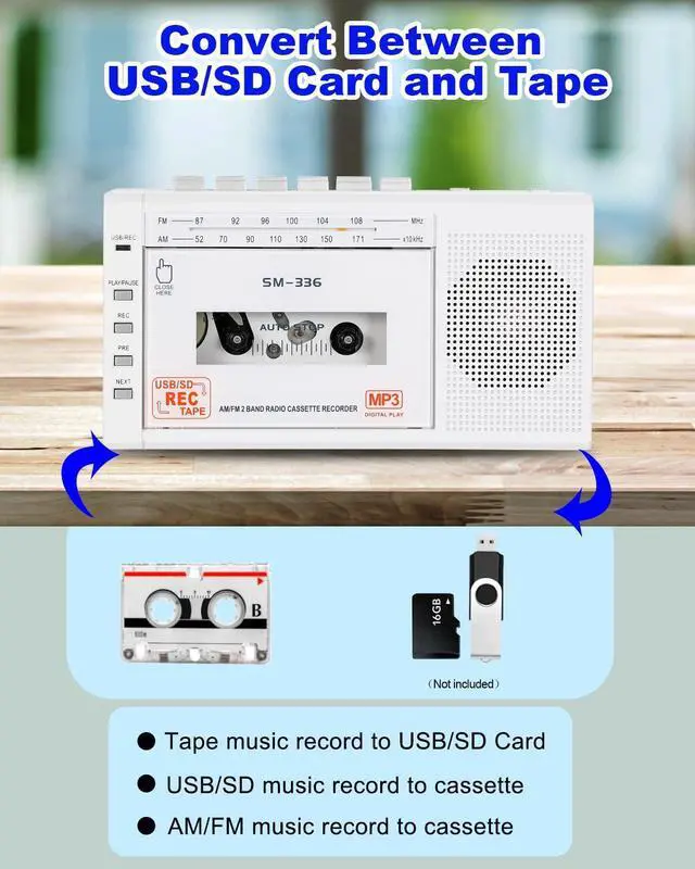 Alt view image 10 of 14 - Portable Cassette Tape Player to Digital Converter via USB/SD Card, Record to Cassette/U Disk/SD Card via Mic, Power by AC or AA Battery, Portable Cassette Recorder with Speaker and Headphone Jack