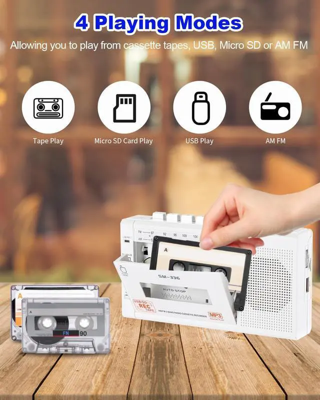 Alt view image 9 of 14 - Portable Cassette Tape Player to Digital Converter via USB/SD Card, Record to Cassette/U Disk/SD Card via Mic, Power by AC or AA Battery, Portable Cassette Recorder with Speaker and Headphone Jack