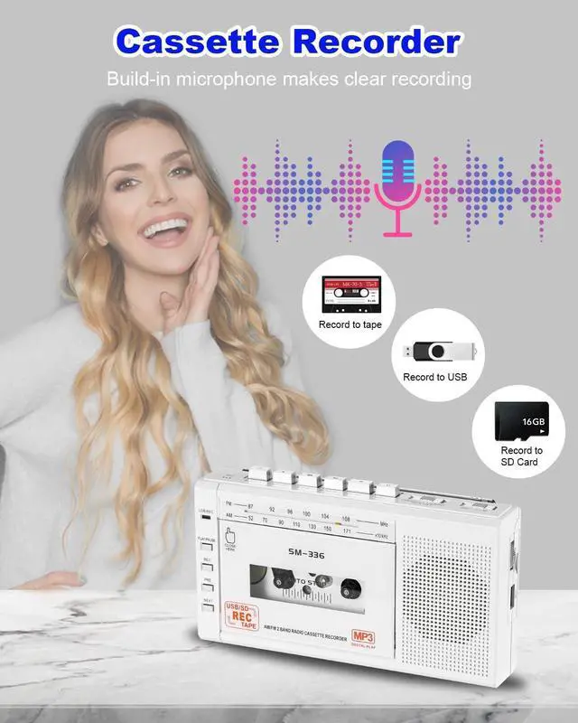 Alt view image 11 of 14 - Portable Cassette Tape Player to Digital Converter via USB/SD Card, Record to Cassette/U Disk/SD Card via Mic, Power by AC or AA Battery, Portable Cassette Recorder with Speaker and Headphone Jack