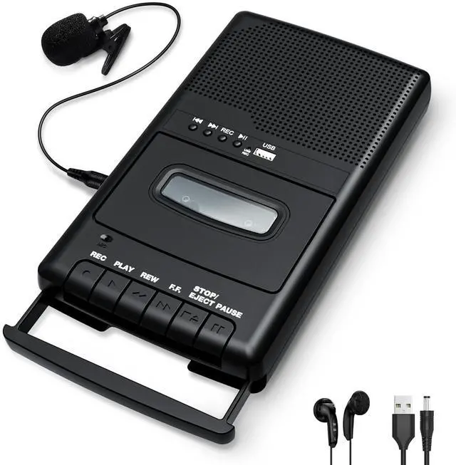 Alt view image 7 of 12 - Cassette Player Recorder & Converter,Recording to USB/Tape from Mic, Convert Tapes to WAV Digital via USB Drive, Portable Tape Player with Collar Mic, Retractable Handle, 3.5MM Earphone Jack, REM Port