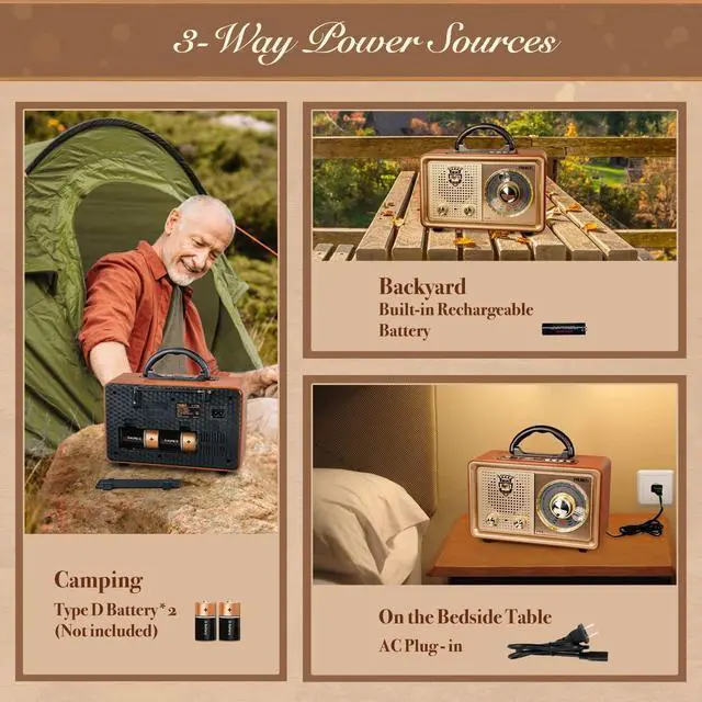 Alt view image 9 of 12 - J-110 Radio Portable AM FM,Transistor Radios Plug in Wall AC Power&Battery Powered&Rechargeable Radio for Emergency Use,Vintage Radios with Bluetooth Support AUX USB Player,Gift for Dad and Mom