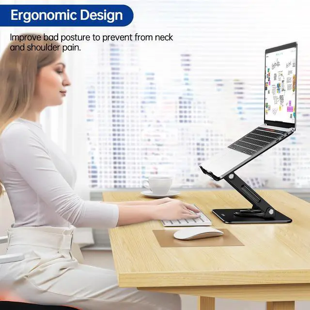 Alt view image 10 of 14 - LS11 Laptop Stand with 360° Rotating Base, Ergonomic Adjustable Notebook Riser, Foldable Computer Holder Compatible with 10-14" Laptops (Black)