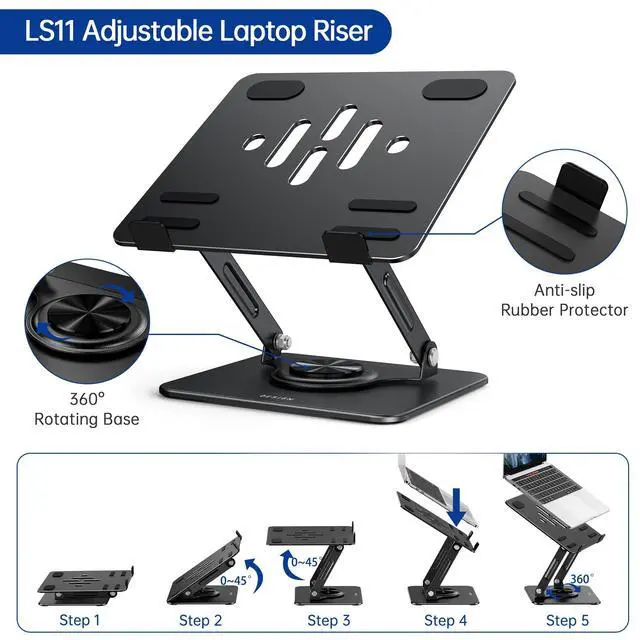 Alt view image 13 of 14 - LS11 Laptop Stand with 360° Rotating Base, Ergonomic Adjustable Notebook Riser, Foldable Computer Holder Compatible with 10-14" Laptops (Black)