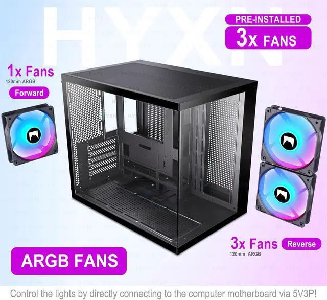 Alt view image 10 of 14 - H3 HYXN ATX PC Case - Pre-Installed with 3 ARGB Fans - Compact Dual Cavity Mid-Tower PC Gaming Case - with Type-C 3.2-360mm Radiator Support, Black