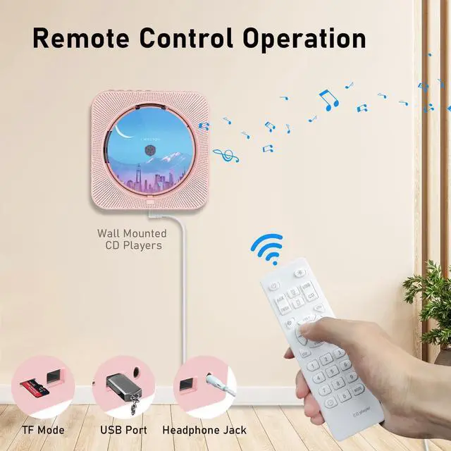 Alt view image 11 of 14 - Portable CD Player with Bluetooth Desktop CD Player for Home CD Music Players with Remote Control,Timer,Built-in Dual Speakers with LED Display Home Audio Boombox FM Radio (Pink)