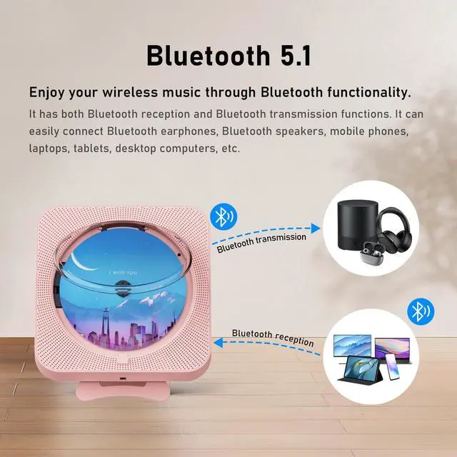 Alt view image 10 of 14 - Portable CD Player with Bluetooth Desktop CD Player for Home CD Music Players with Remote Control,Timer,Built-in Dual Speakers with LED Display Home Audio Boombox FM Radio (Pink)
