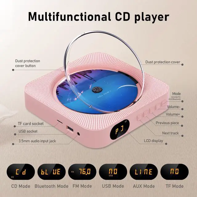 Alt view image 9 of 14 - Portable CD Player with Bluetooth Desktop CD Player for Home CD Music Players with Remote Control,Timer,Built-in Dual Speakers with LED Display Home Audio Boombox FM Radio (Pink)