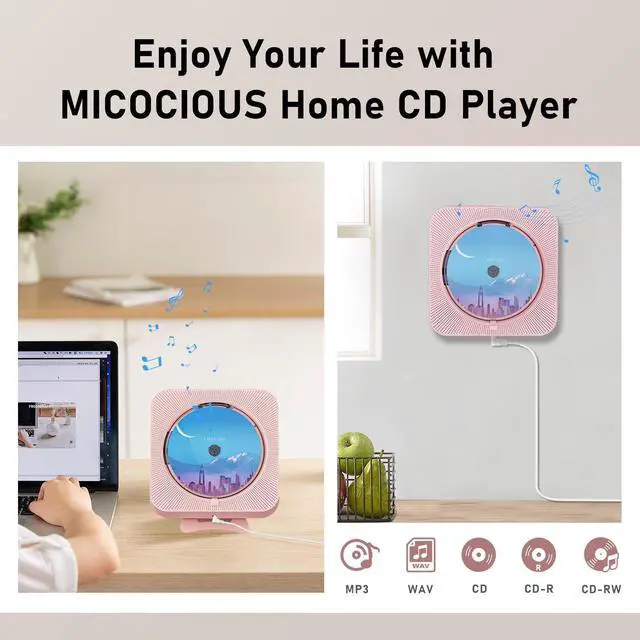 Alt view image 14 of 14 - Portable CD Player with Bluetooth Desktop CD Player for Home CD Music Players with Remote Control,Timer,Built-in Dual Speakers with LED Display Home Audio Boombox FM Radio (Pink)