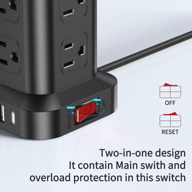 Alt view image 13 of 14 - Extension Cord with Multiple Outlets, Surge Protector Power Strip Tower, Outlet Extender with 12 AC Outlets 4 USB, 6.5FT Extension Cord for Home Dorm Room, Office Supplies,Overload Protection