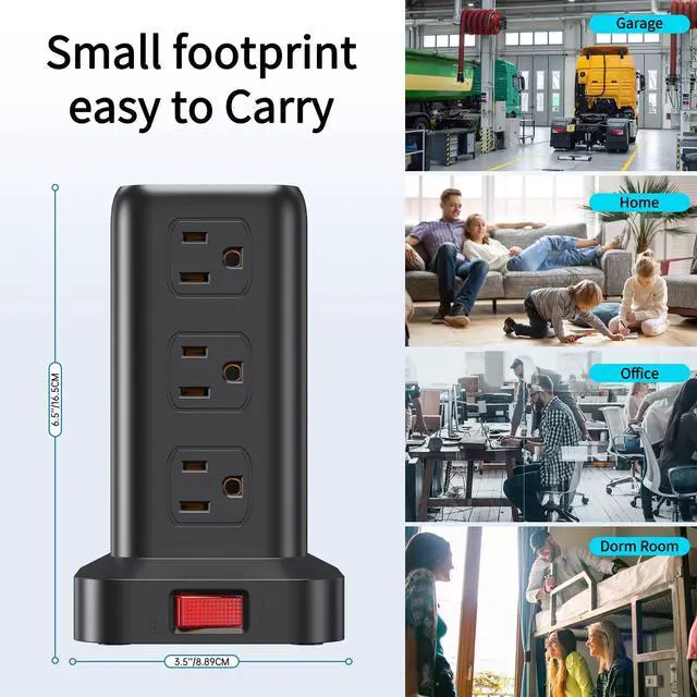 Alt view image 14 of 14 - Extension Cord with Multiple Outlets, Surge Protector Power Strip Tower, Outlet Extender with 12 AC Outlets 4 USB, 6.5FT Extension Cord for Home Dorm Room, Office Supplies,Overload Protection