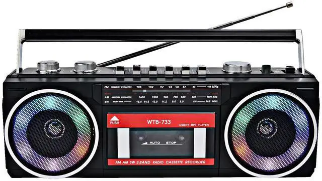 Alt view image 8 of 14 - 80's Cassette Player Recorder with AM/FM/SW Radio, Bluetooth Boombox, USB, Built-in MIC for Voice Recording, RGB Colorful Lights, Headphone Jack, AC or Battery Powered