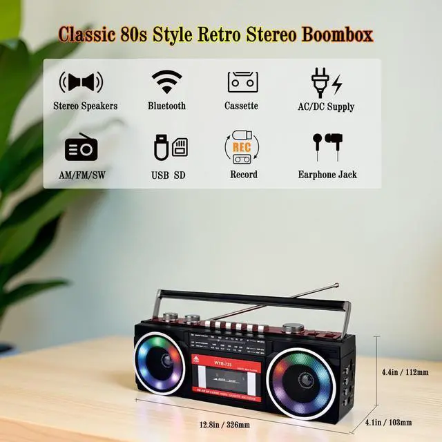 Alt view image 9 of 14 - 80's Cassette Player Recorder with AM/FM/SW Radio, Bluetooth Boombox, USB, Built-in MIC for Voice Recording, RGB Colorful Lights, Headphone Jack, AC or Battery Powered