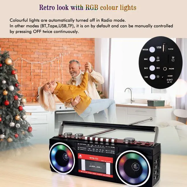 Alt view image 10 of 14 - 80's Cassette Player Recorder with AM/FM/SW Radio, Bluetooth Boombox, USB, Built-in MIC for Voice Recording, RGB Colorful Lights, Headphone Jack, AC or Battery Powered