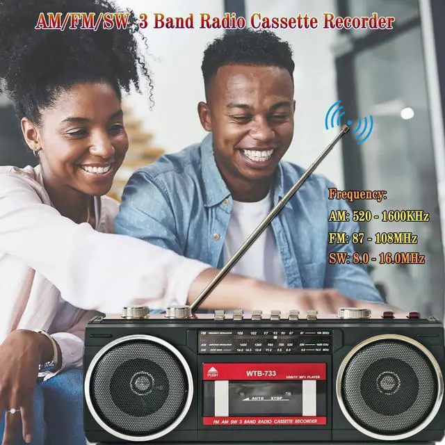 Alt view image 11 of 14 - 80's Cassette Player Recorder with AM/FM/SW Radio, Bluetooth Boombox, USB, Built-in MIC for Voice Recording, RGB Colorful Lights, Headphone Jack, AC or Battery Powered