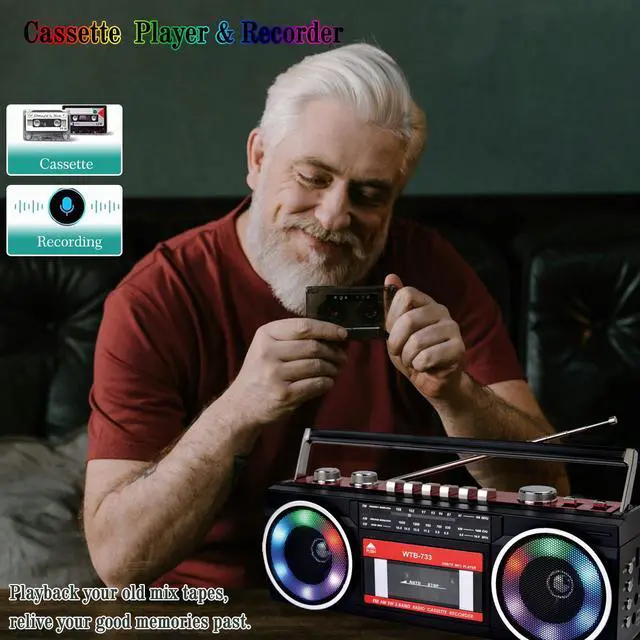 Alt view image 12 of 14 - 80's Cassette Player Recorder with AM/FM/SW Radio, Bluetooth Boombox, USB, Built-in MIC for Voice Recording, RGB Colorful Lights, Headphone Jack, AC or Battery Powered