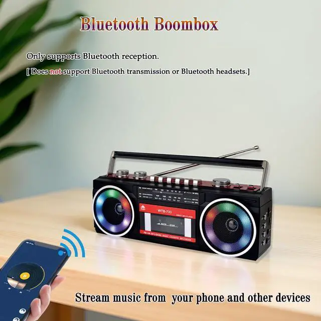 Alt view image 13 of 14 - 80's Cassette Player Recorder with AM/FM/SW Radio, Bluetooth Boombox, USB, Built-in MIC for Voice Recording, RGB Colorful Lights, Headphone Jack, AC or Battery Powered