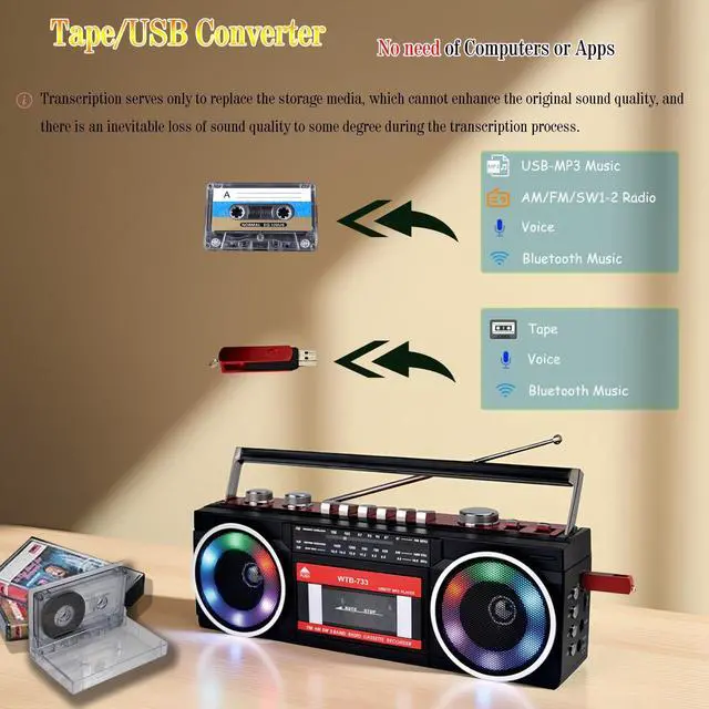 Alt view image 14 of 14 - 80's Cassette Player Recorder with AM/FM/SW Radio, Bluetooth Boombox, USB, Built-in MIC for Voice Recording, RGB Colorful Lights, Headphone Jack, AC or Battery Powered
