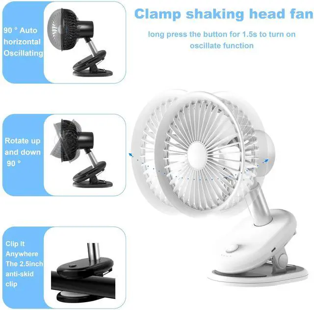 Alt view image 7 of 12 - Clip On Usb Fan Oscillating For Bed,5000mAh Battery Operated Fan For Desk,Mini Rechargeable Small Fans Portable for Office Stroller Bedroom and Camping(white)