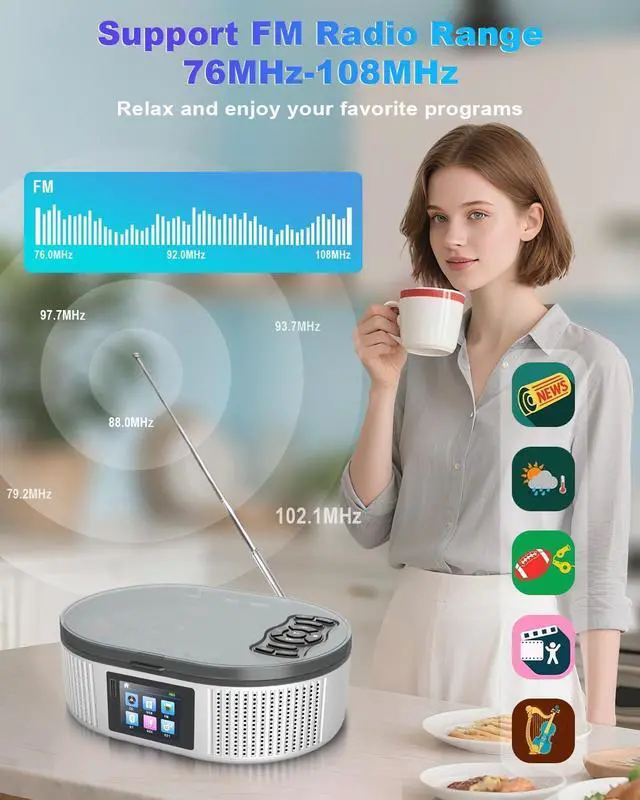 Alt view image 10 of 14 - Portable CD Player with Bluetooth and Dual Stereo Speakers, 4000mAh Rechargeable Desktop CD Player Portable for Home & Car, FM Radio, LCD Screen, AUX/USB/Headphone Jack Boombox Bluetooth CD Player