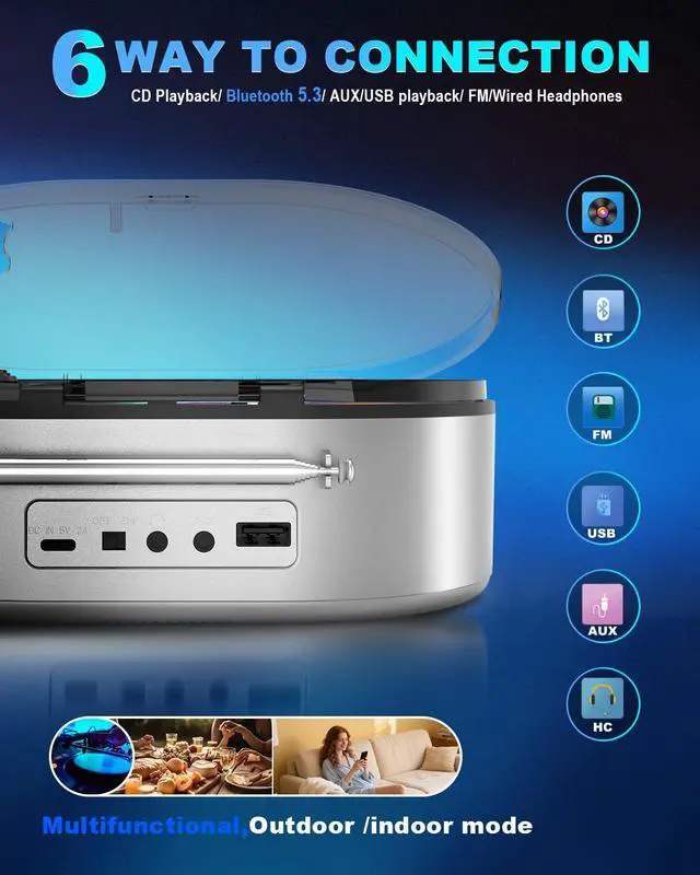 Alt view image 14 of 14 - Portable CD Player with Bluetooth and Dual Stereo Speakers, 4000mAh Rechargeable Desktop CD Player Portable for Home & Car, FM Radio, LCD Screen, AUX/USB/Headphone Jack Boombox Bluetooth CD Player