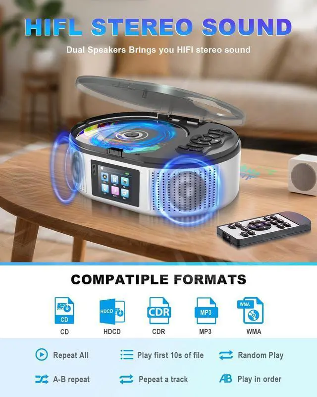 Alt view image 11 of 14 - Portable CD Player with Bluetooth and Dual Stereo Speakers, 4000mAh Rechargeable Desktop CD Player Portable for Home & Car, FM Radio, LCD Screen, AUX/USB/Headphone Jack Boombox Bluetooth CD Player
