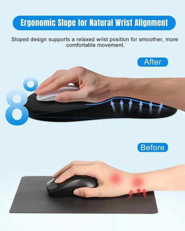 Alt view image 9 of 14 - Ergonomic Mouse Pad with Wrist Rest, Slope Design Memory Foam Support, Smooth Lycra Surface, Non-Slip PU Base, Comfortable Mouse Mat for Office, Home, Computer Desk (Black)