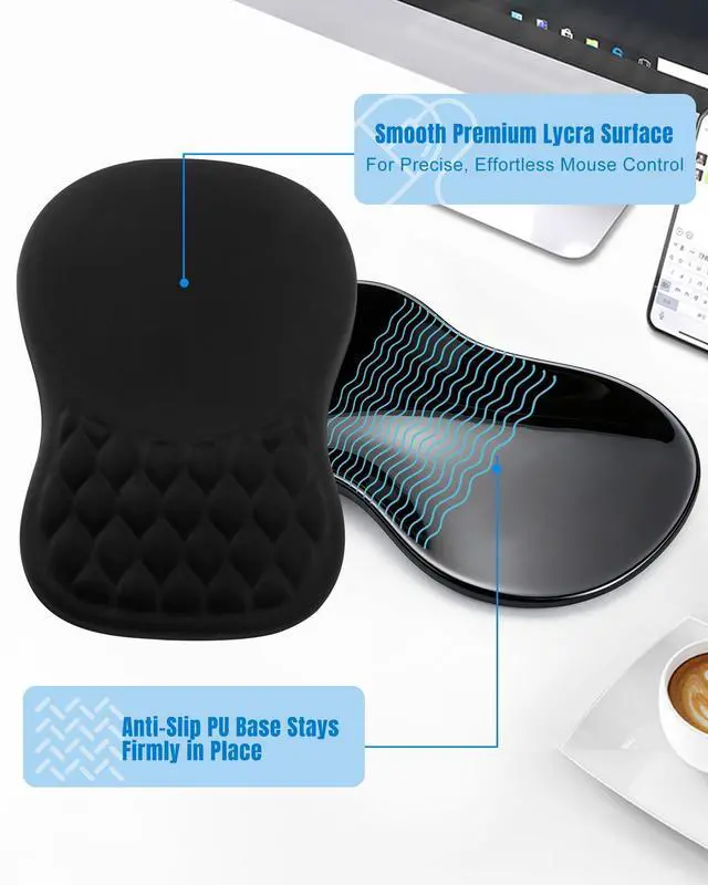 Alt view image 12 of 14 - Ergonomic Mouse Pad with Wrist Rest, Slope Design Memory Foam Support, Smooth Lycra Surface, Non-Slip PU Base, Comfortable Mouse Mat for Office, Home, Computer Desk (Black)