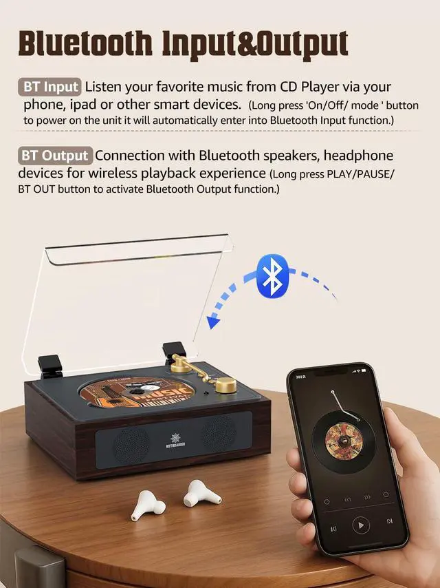 Alt view image 10 of 14 - CD Player with Built-in Speakers Bluetooth Retro Portable CD Players for Home Music Player with Remote Control Headphone Jack Walnut Brown