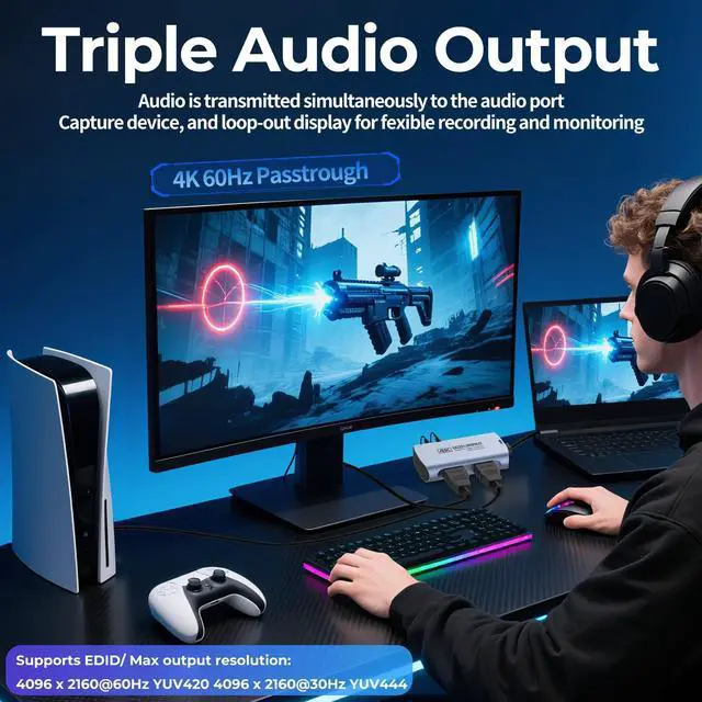 Alt view image 9 of 14 - 4K@60FPS Capture Card for Streaming, 2K@144FPS USB 3.0 HDMI to USBC Camera Video Capture, 4K60 Passthrough, 3.5mm Audio in & Mic Out, Works with Switch 2/1, PS5/4, Xbox, Pad, Mac, PC