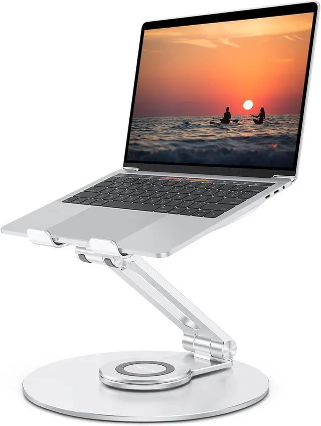 Alt view image 8 of 14 - Adjustable Laptop Stand with 360 Rotating Base, Ergonomic Laptop Riser for Collaborative Work, Dual Rotary Shaft Fully Foldable for Easy Storage, Fits All Laptops up to 16 inches, Silver